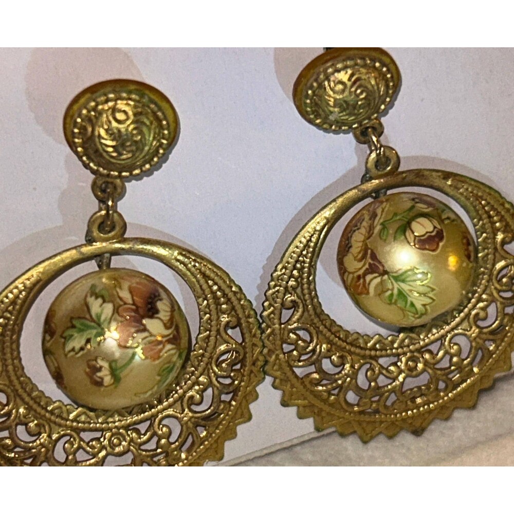 Vintage RARE Gold Filigree Hand Painted Dangle Earrings GORGEOUS